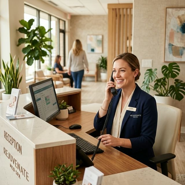 Friendly receptionist answering calls at a med spa front desk